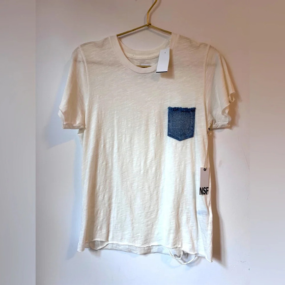 NWT NSF White Denim Pocket Detail Short Sleeve distressed T Shirt - Picture 1 of 9